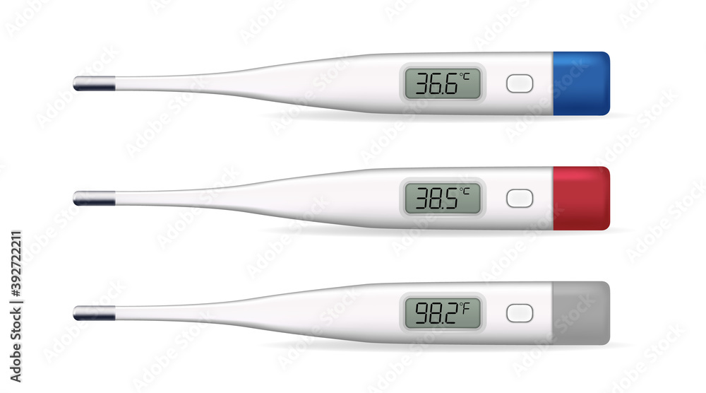 Collection of realistic digital thermometers. Top view on safe ...