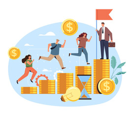 Wall Mural - Success salary competition team office workers concept. Vector flat cartoon graphic design illustration