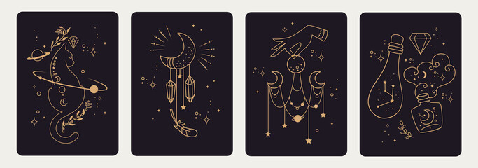 Canvas Print - Set of mystical templates for tarot cards, banners, flyers, posters, brochures, stickers. Hand-drawn. Cards with esoteric symbols. Witchcraft. Silhouette of hands, planets, moon phases and crystals. 