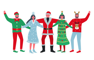Wall Mural - Christmas party. Young people wearing Christmas costumes. Best friends are stand together and hug. There is Santa Claus, Christmas tree, Elf, Snowflake and Deer in the picture. Vector illustration