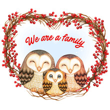 Watercolor Cute Barn Owls Family On A Heart Wreath