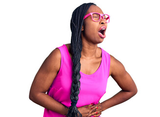 Sticker - Young african american woman wearing casual clothes and glasses with hand on stomach because nausea, painful disease feeling unwell. ache concept.