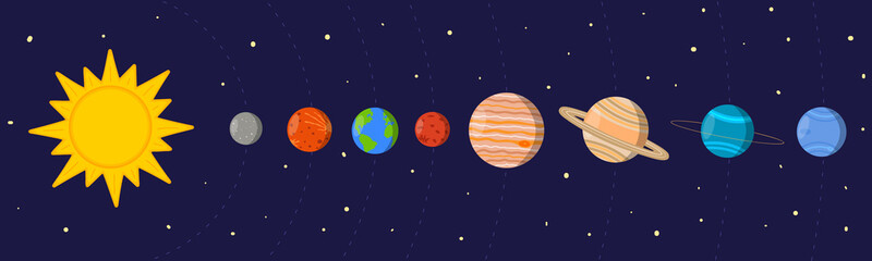 cartoon colorful solar system. sun and planets in their orbits on space background. vector illustrat
