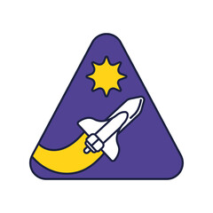 Sticker - space triangular badge with spaceship flying line and fill style