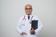 © Chanakon - Physician in white coat, stethoscope holding clipboard to beside arm and.look into camera with smile isolated on white background.