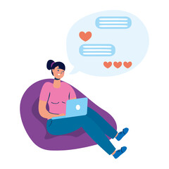 Wall Mural - young woman seated in sofa using laptop chatting