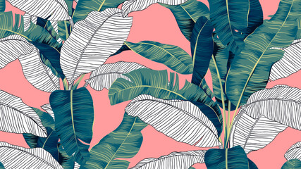 botanical seamless pattern, hand drawn banana tree on bright red