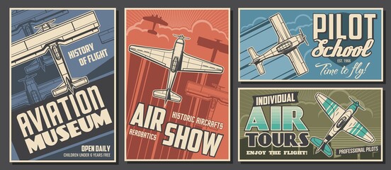 Aviation museum, flight school and air tour retro banners. Airplanes history exhibition, air show and pilot academy, airline travel posters. Antique biplane and monoplane flying in sky sketch vector