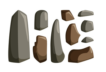  Mountain rocks with boulders. Set of granite and other stones of various shapes for rocky landscape. Vector illustration in cartoon style