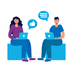 Wall Mural - young couple seated using laptops and social media