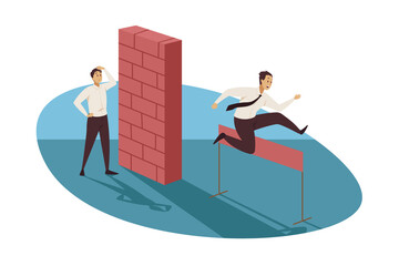 Wall Mural - Business, career, goal achievement concept. Thoughtful businessman clerk character standing in front of brick wall another manager jumping over obstacle moving forward. Successful trouble avoidance. 
