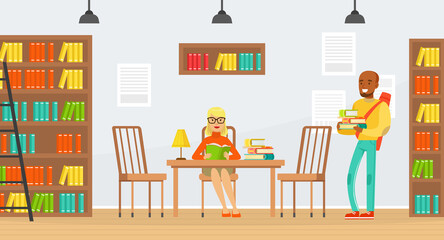 Sticker - Studying Students, Library Interior with People Reading Books Cartoon Vector Illustration