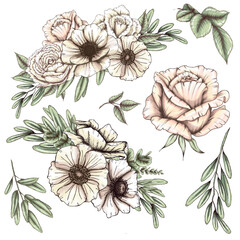 Wall Mural - Lovely white and blush pink roses and poppies, wedding design elements, wedding flowers