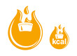 kcal flat icon (calories sign) combination of flame (fat burning) and weight scales - isolated vector emblem for healthy food, fitness or diet program packaging