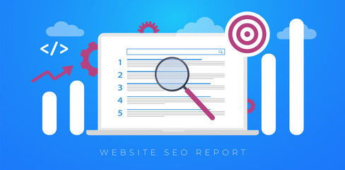 Website SEO Report, Digital Marketing analytics concept. Seo Ranking flat vector horizontal banner illustration with icons. Search Engine Results Pages (SERP) analysis and online audit. 