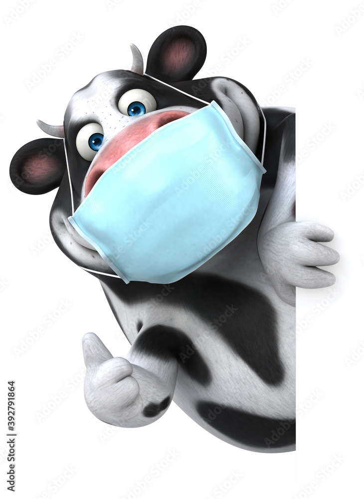 Fun 3D cartoon cow with a mask - obrazy, fototapety, plakaty 