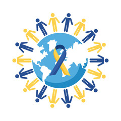 Wall Mural - down syndrome campaign ribbon in earth planet and people around flat style