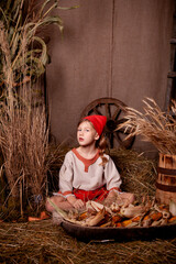 Wall Mural - little girl in a light linen shirt and a red scarf in a rustic style