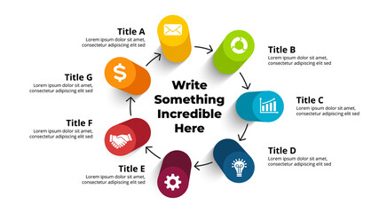 Canvas Print - 3D Vector Perspective Infographic. Presentation slide template. 7 step options with arrows. Circle diagram concept. Colorful creative info graphic design.