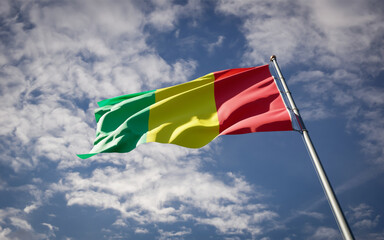 Guinea national flag waving at sky background close-up.