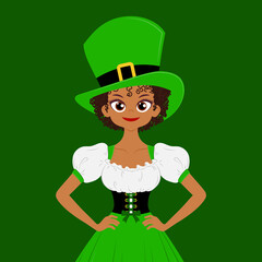 Young woman wearing green hat and irish national dress. Saint Patricks Day illustration