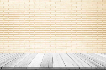 Wall Mural - Empty wooden table top on cream brick wall background, Design wood terrace white. Perspective for show space for your copy and branding. Can be used as product display montage. Vintage style concept.