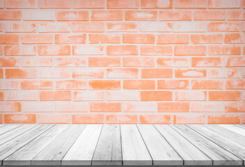 Wall Mural - Empty wooden table top on red brick wall background, Design wood terrace white. Perspective for show space for your copy and branding. Can be used as product display montage. Vintage style concept.