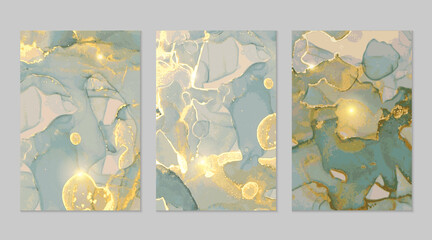 Teal and gold marble abstract backgrounds. Set of alcohol ink technique vector stone textures. Modern paint in natural colors with glitter. Template for banner, poster design. Fluid art painting