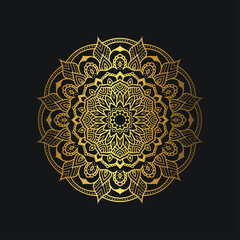 Luxury mandala design with golden color. Deluxe golden floral ornament on black background. Suitable for graphic resources, wedding invitation, business card, wallpaper.