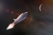 Starship Taking Off On A Mission On Background Of Moon. Elements Of This Image Furnished By NASA.