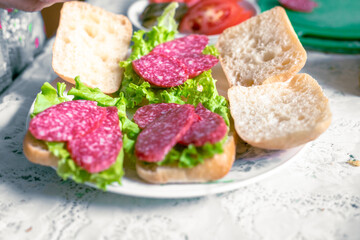 Wall Mural - Preparing sandwiches with salami, tomato, pickles and lettuce