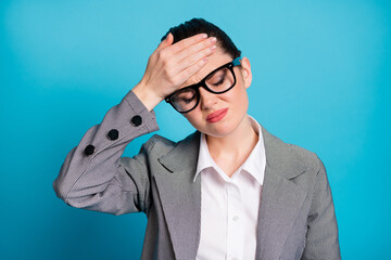 Sticker - Close-up portrait of attractive sick depressed tired lady feeling bad touching forehead isolated over bright blue color background