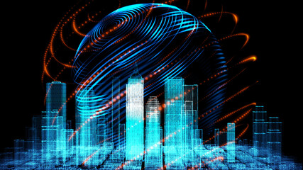 Wall Mural - Digital smart world technology motion blur smart city 3D zoom blur architecture building iot internet of thing artificial intelligence, security energy power tech futuristic background