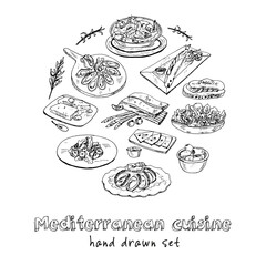 Wall Mural - Mediterranean cuisine Vector set with food and drink hand drawn doodles. Vector illustration