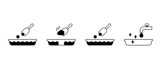 Instruction for Cat litter. Silhouette icons set of toilet box or tray, scoop, water tap. Scheme of filling, removing, washing. Black illustration. Outline isolated vector pictogram, white background