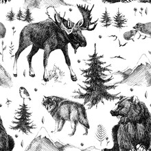 Seamless Pattern With Scandinavian Woodland And Wild Animals. Hand Drawn Design Line Graphics. Fashion Textile Design Monochrome Color. 