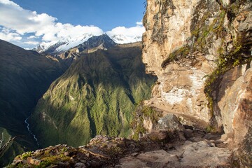 Poster - pathway and rock face, Mount Saksarayuq, Andes mountains