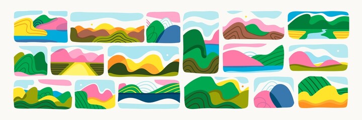 Mountains, river, lake, hills, sky view. Abstract design. Cutout style. Various landscapes. Big Set of hand drawn trendy Vector illustrations. Wallpaper Templates. Different backgrounds. Bright colors