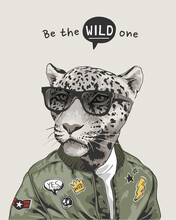 The Wild One Slogan With Leopard In Sunglasses And Jacket Illustration