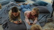 © stockbusters - Kids gaming smartphones. Siblings lying with cell phones next kid on carpet.