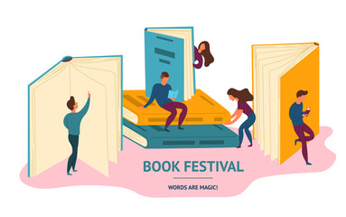 Wall Mural - Cartoon Color Characters People and Book Festival Concept. Vector