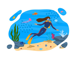 Canvas Print - Cartoon Color Character Person Woman and Scuba Diving Concept. Vector