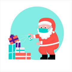 Canvas Print - Santa Claus in protective mask disinfects pile of gifts with spray sanitizer. Vector flat illustration