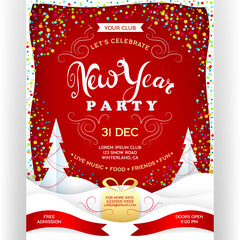 Wall Mural - Poster for New Year party. Red colors invitation flyer with confetti and paper cut effect details.