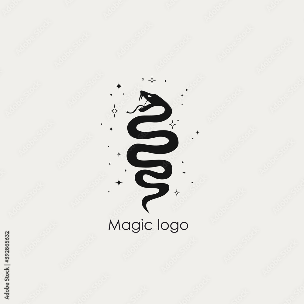 Occult trendy hand drawn illustration with silhouette of snake, moon ...
