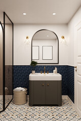 3d rendering. corner of hotel bathroom with blue tiled walls, large mirror, pattern on the floor and