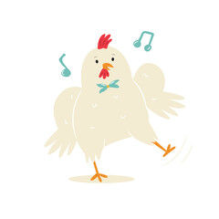 Funny illustration of a dancing chicken in a bow-tie