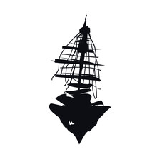 Old Sunken Broken Ship Logo Icon Sign Sailboat Sail Mast Ancient Emblem Hand Drawn Doodle Sketch Modern Design Geometric Cartoon Children Style Fashion Print Clothes Apparel Greeting Invitation Card