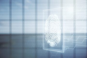 Double exposure of virtual creative fingerprint hologram on empty modern office background, research and development concept