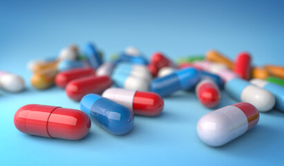 Wall Mural - Close up of assorted capsules on blue background, 3d illustration. Concept image for pharmaceutical industry and medication research.